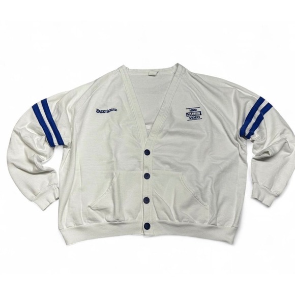 Campus Other - Vintage 80s HBO Cannon Video Cardigan Sweatshirt White Blue Striped Large boxy